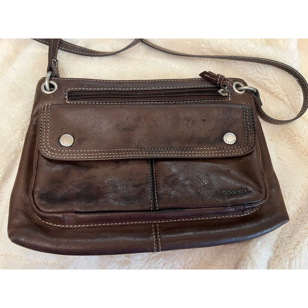 Vintage Fossil Brown Leather Zip Top Bag Purse Crossbody Outer Pockets Y2K - Picture 11 of 11
